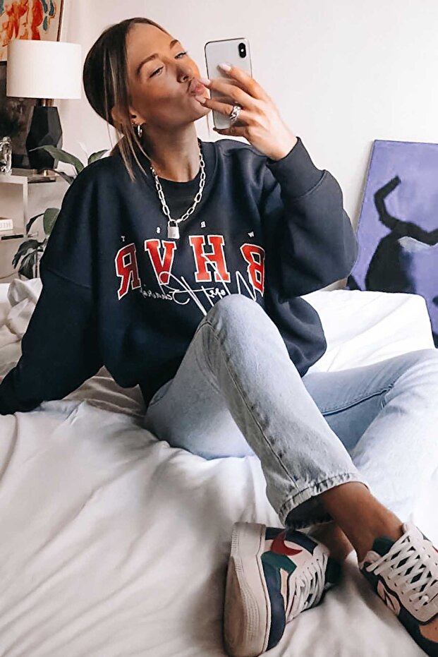 Mad Girls Navy Blue Embroidered Sweatshirt Mg813