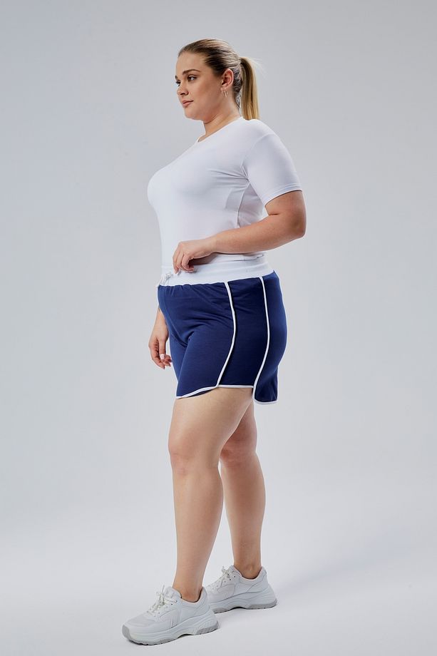 Curve Büyük Beden Kadın Biye Detaylı Örme %100 Pamuk Yüksek Bel Lacivert Şort& Bermuda - 5