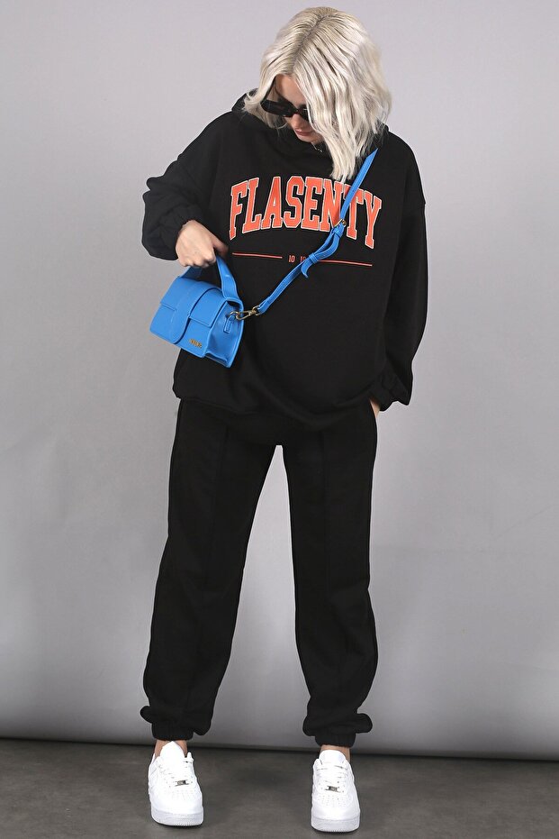 Siyah Oversize Baskılı Eşofman Takım Mg1561 - 1