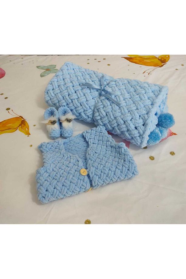 Puffy el örgüsü bebek battaniyesi yelek patik set - 2