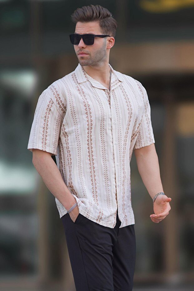Beige Patterned Short Sleeve Men's Shirt 6741