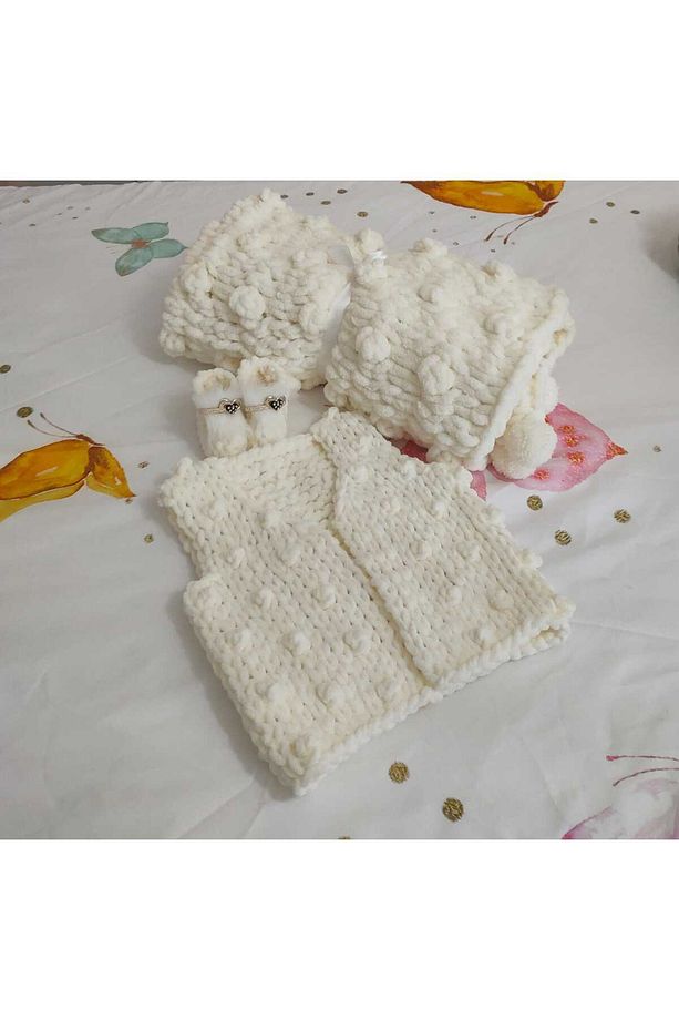 Puffy el örgüsü bebek battaniyesi yelek patik set - 2