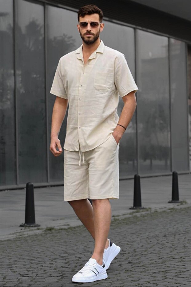 Erkek Bej Basic Oversize Gömlek Takımı 5588 - 1