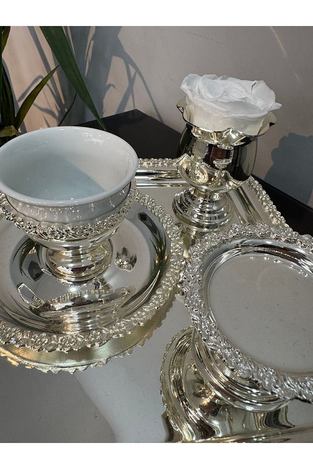 AVANGARDE GÜMÜŞ KAPLAMA GÜL BORDÜRLÜ DAMAT KAHVE SETİ - 6