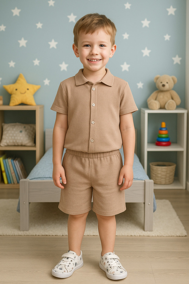 Boy's Summer Suit 3-10 Years Old Shirt Set with Shorts | Bürümcük Fabric Bottom Top Double Set