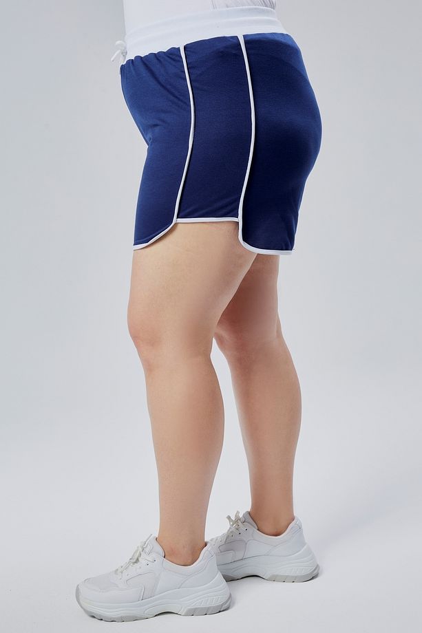 Curve Büyük Beden Kadın Biye Detaylı Örme %100 Pamuk Yüksek Bel Lacivert Şort& Bermuda - 4