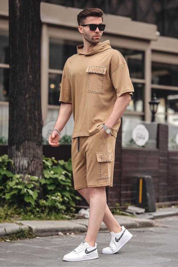Cappuccino Pocket Detailed Hooded Shorts Set 5941