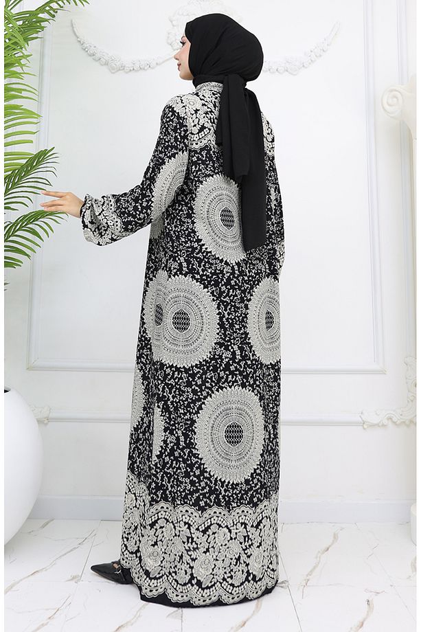 Viskon Kumaş Boydan Düğmeli Desenli Elbise 0047-01 Siyah - 5