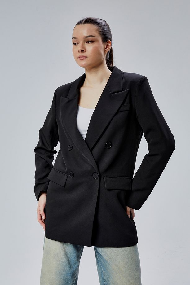 Siyah Regular Astarlı Kruvaze Kapama Dokuma Oversize Blazer Ceket - 6