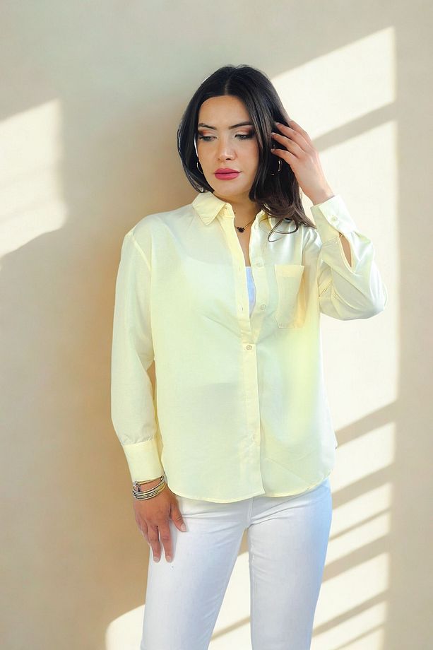 Lupinn Moda Kadın Sarı Regular Fit Basic Düz Uzun Kollu Gömlek - 6