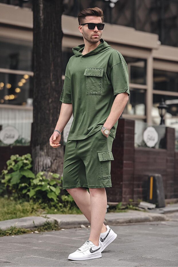Khaki Pocket Detailed Hooded Shorts Set 5941