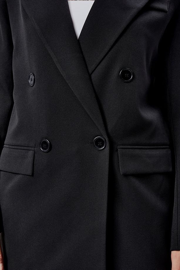 Siyah Regular Astarlı Kruvaze Kapama Dokuma Oversize Blazer Ceket - 5