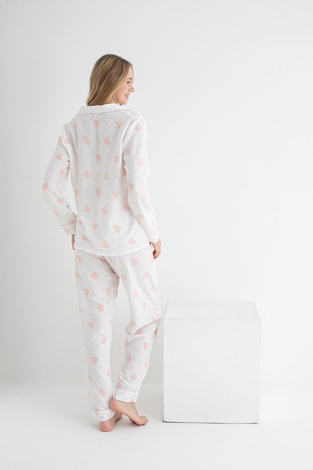 Dofi Kadın Ekru Gülen Kalp Desenli Pijama Takımı Uzun Kollu, Düğmeli, Aerobin Kumaş - 4