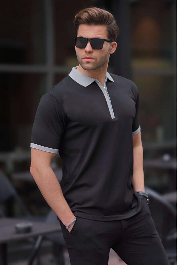 Black Zipper Detailed Polo Collar Men's T-Shirt 6880