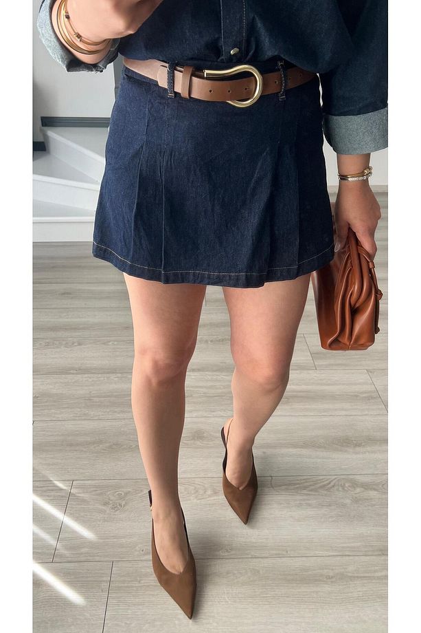 Denim Piliseli Şort Etek - 2