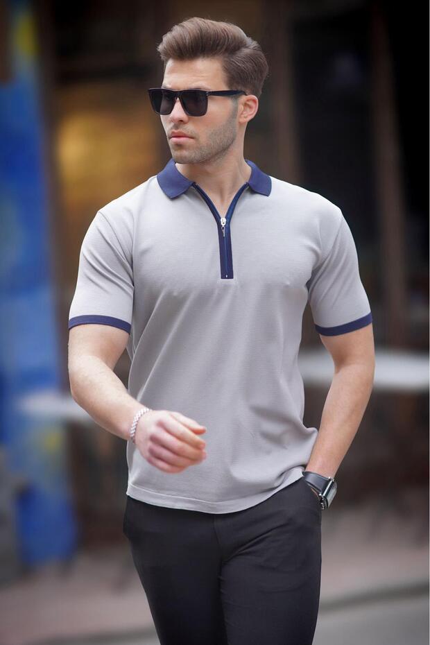 Gray Zipper Detailed Polo Collar Men's T-Shirt 6880
