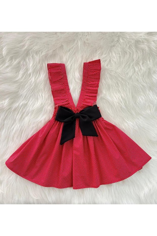 Girl's Red Polka Dots Bow Ruffle Strap Salopet Dress (100% Cotton Fabric)