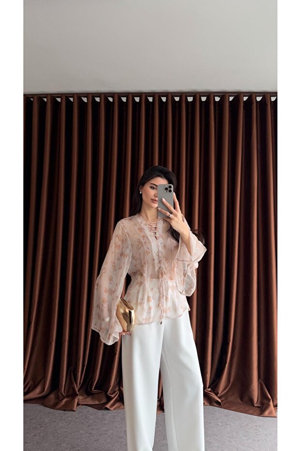 Lace-Up Patterned Blouse - 1