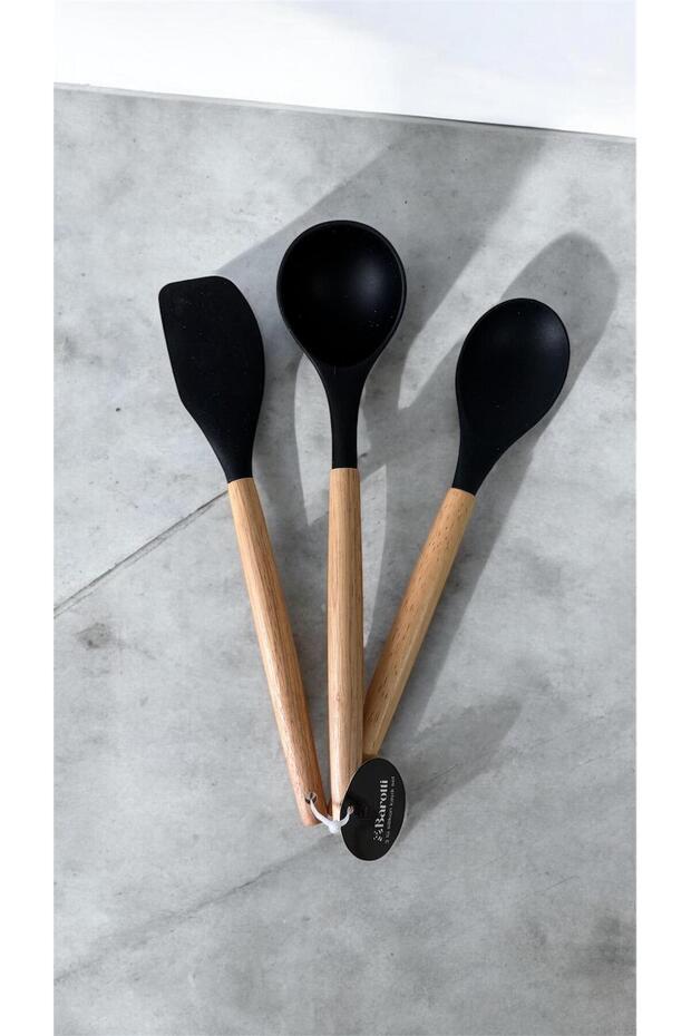 Set of 3 Genuine Bamboo Handle Silicone Spoon Ladle Spatula Set