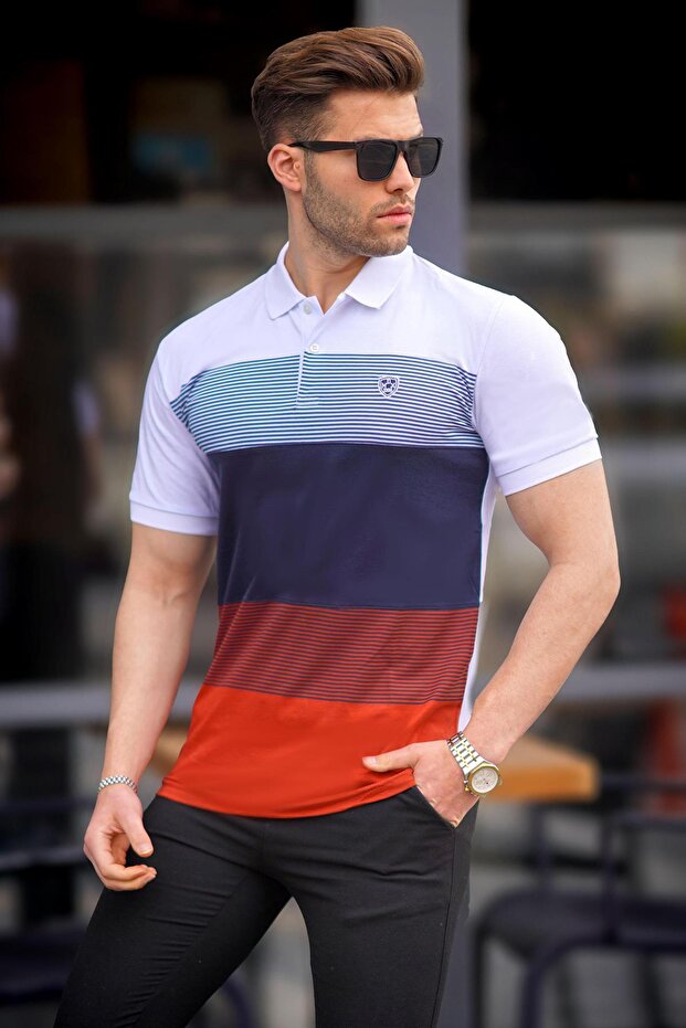 Color Blocked White Polo Neck Men's T-Shirt 9280