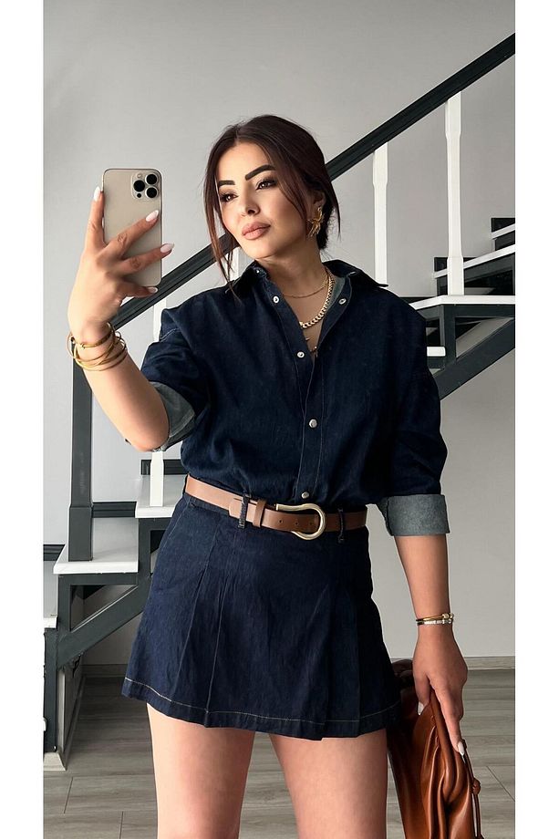 Denim Piliseli Şort Etek - 5
