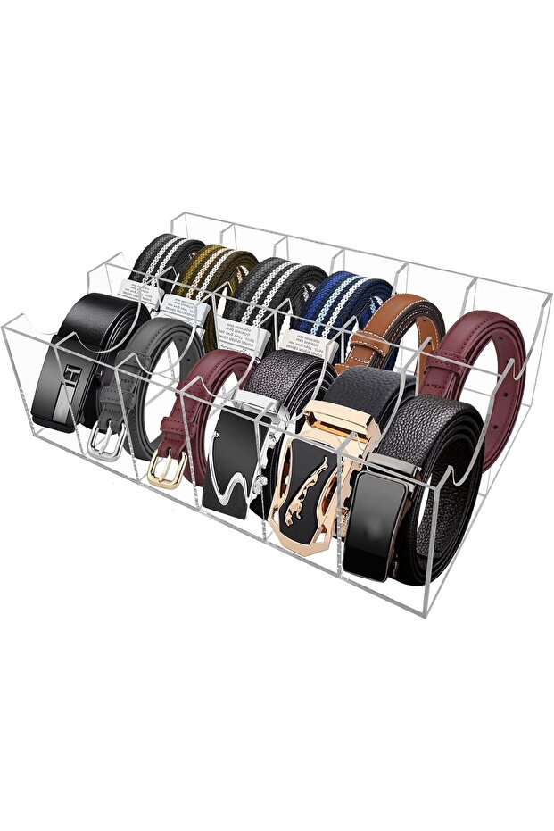 Acrylic 12-Compartment Belt Organizer for Closet Storage of Belts, Ties, Jewelry, and Accessories