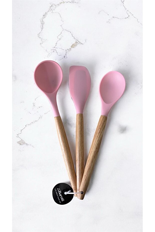 Set of 3 Genuine Bamboo Handle Silicone Spoon Ladle Spatula Set