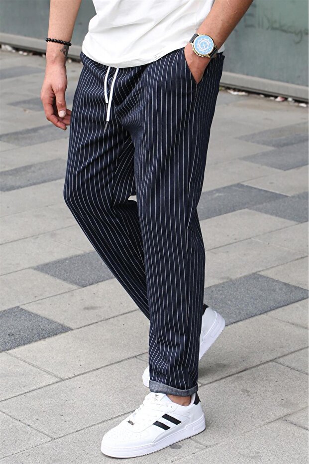 Navy Blue Striped Men's Regular Fit Sweatpants 6511
