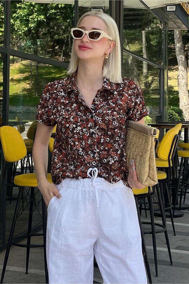 Brown Floral Print Short Sleeve Women's Shirt Mg2098