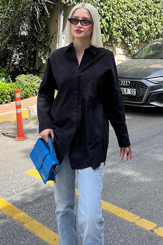 Siyah Oversize Basic Cepli Poplin Gömlek Mg1530 - 1