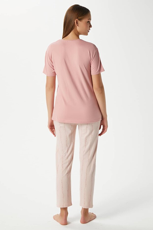 Kadın Beautiful Yumuşak Doku Pudra Bisiklet Yaka Kısa Kollu Alt Üst Pijama Takımı - 6