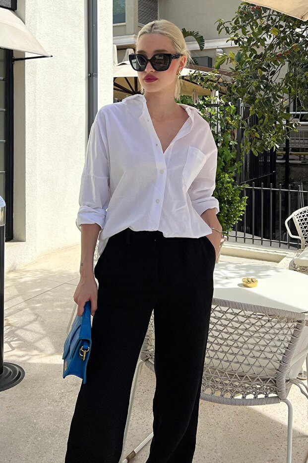 Beyaz Oversize Basic Cepli Poplin Gömlek Mg1530 - 1
