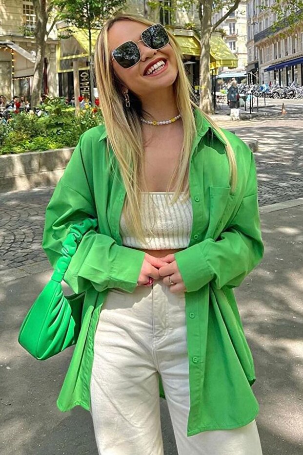Yeşil Oversize Basic Cepli Poplin Gömlek Mg1530 - 6
