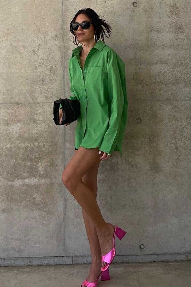 Yeşil Oversize Basic Cepli Poplin Gömlek Mg1530 - 5