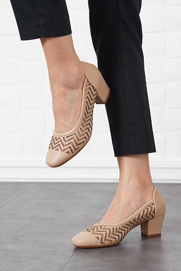 Ronter Strip Laser Women's Heeled Shoes Beige Leather