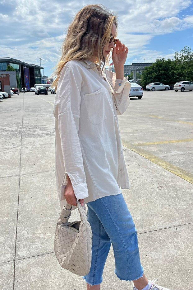 Bej Oversize Basic Cepli Poplin Gömlek Mg1530 - 6