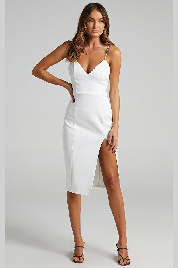 White V-neck Slit Satin Dress MG1742