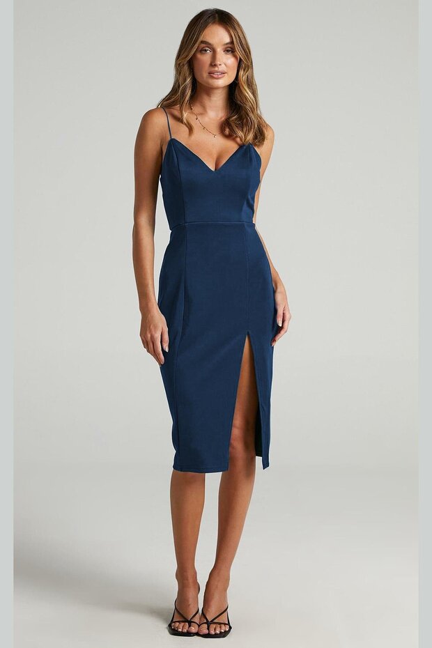 Navy Blue V-neck Slit Satin Dress MG1742