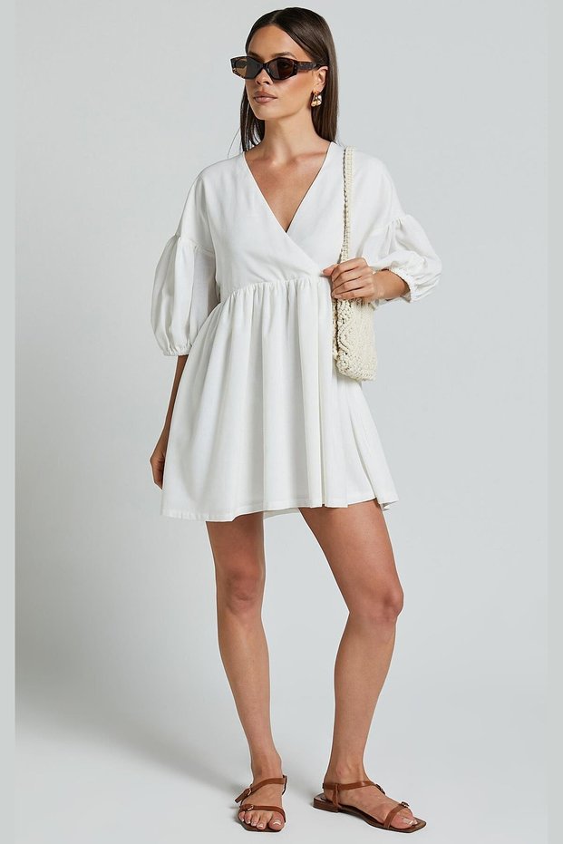 White Balloon Sleeve Mini Women's Dress MG2023