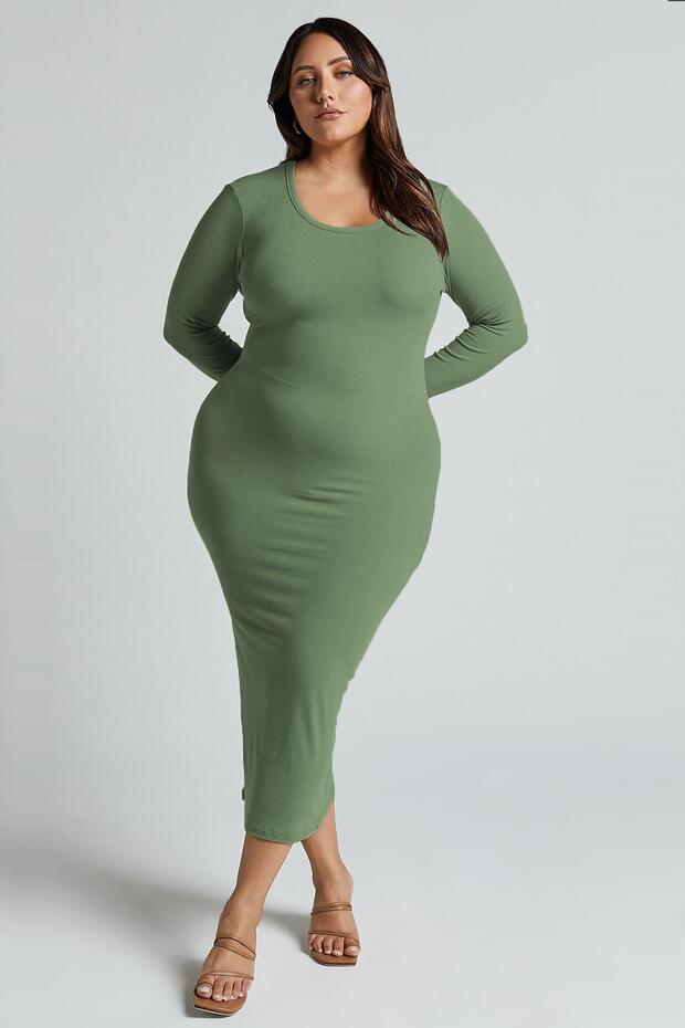 Yeşil Basic Bisiklet Yaka Uzun Kollu Elbise MG1985 - 2