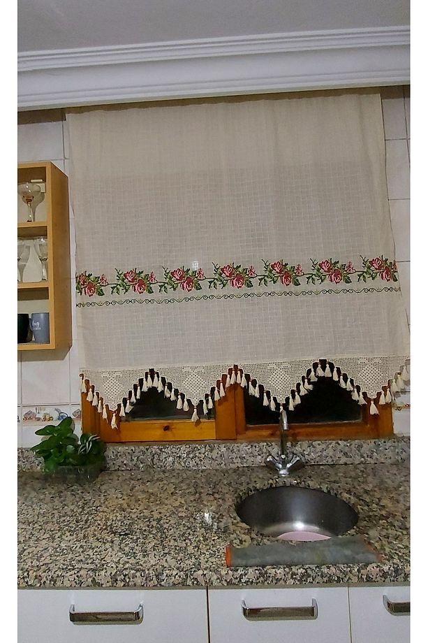 Kırmızı Kaneviçeli Buldan işi El Dantelli Kaneviçeli Keten Perde - 3