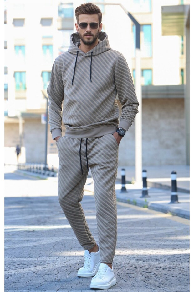 Brown Hooded Basic Tracksuit Set 5904 - 2