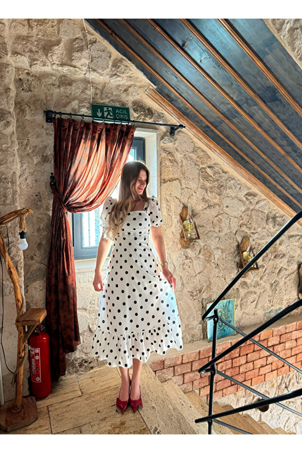 Balon Kol Puantiyeli Elbise - 3