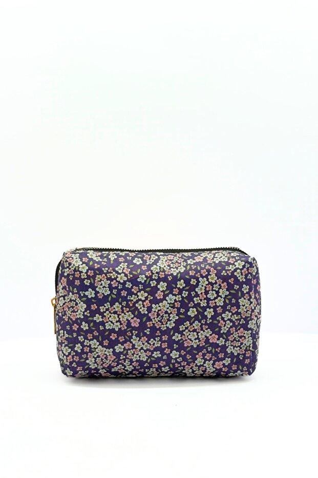 Purple Floral Pattern Women's Makeup Bag - Travel Organizer, Zippered, Portable