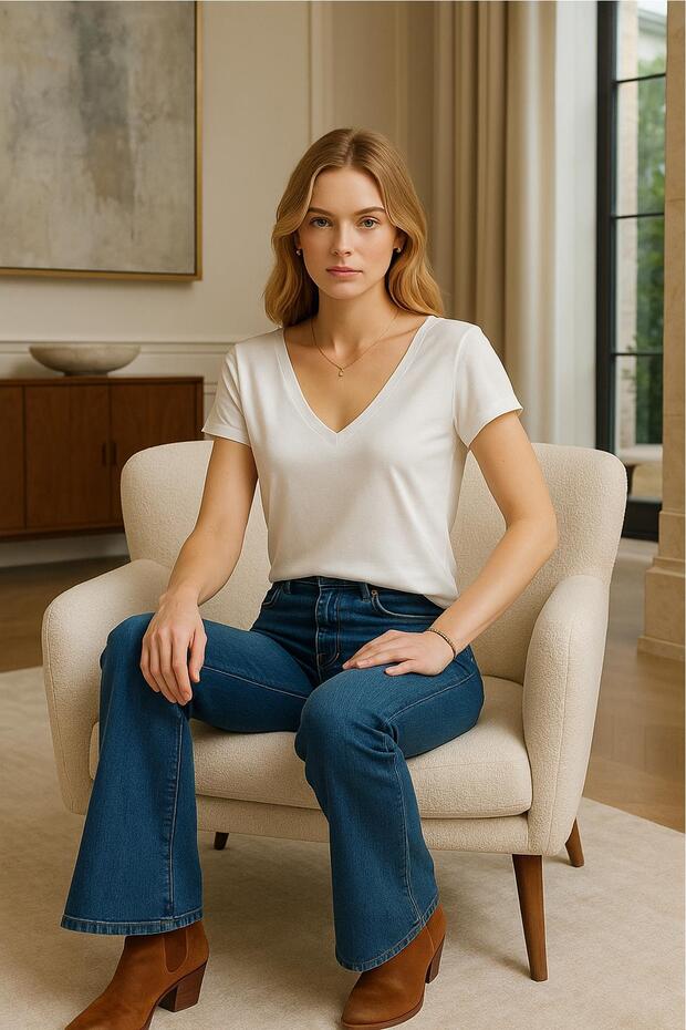 V-Neck Basic Cotton T-Shirt - Front and Back Design - 4