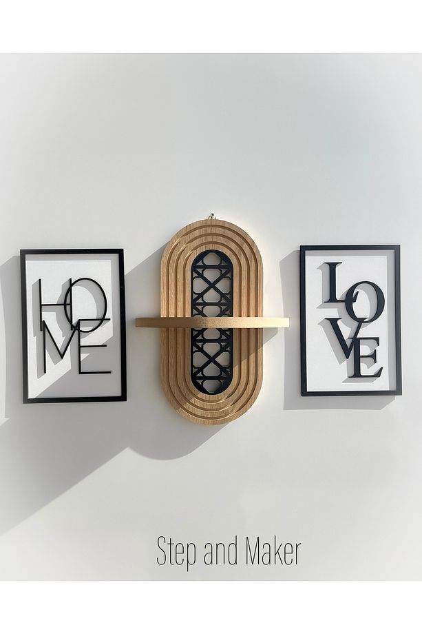 Çift Katmanlı 'Home Love Tablo' & Ortası Desenli Duvar Rafı - 1