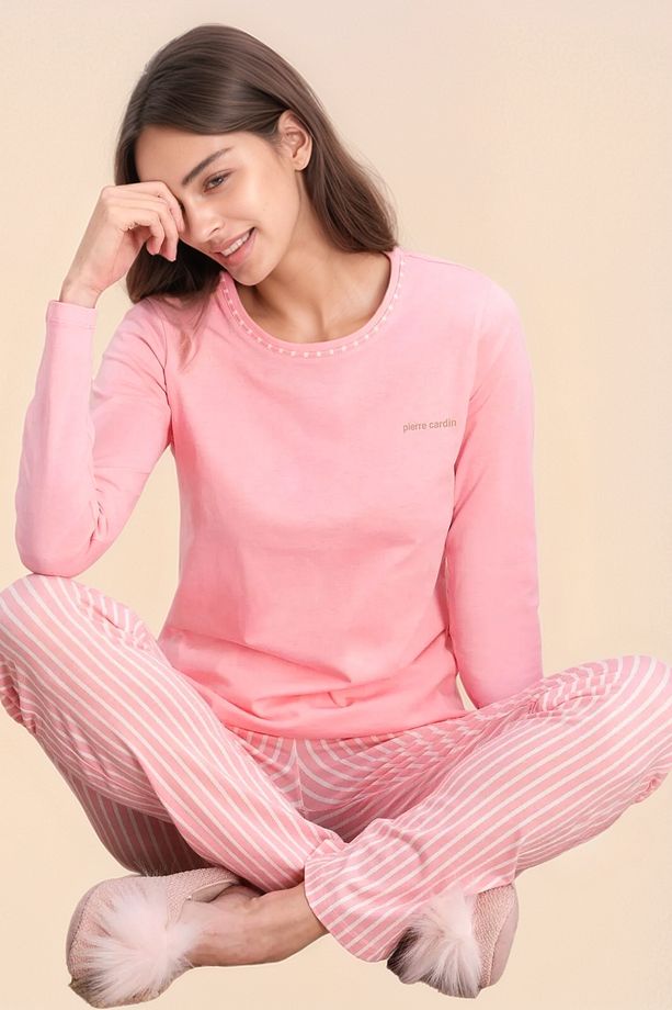 Lisanslı Yumuşak Doku Uzun Kollu Çizgili Kadın Pijama Takımı - 1