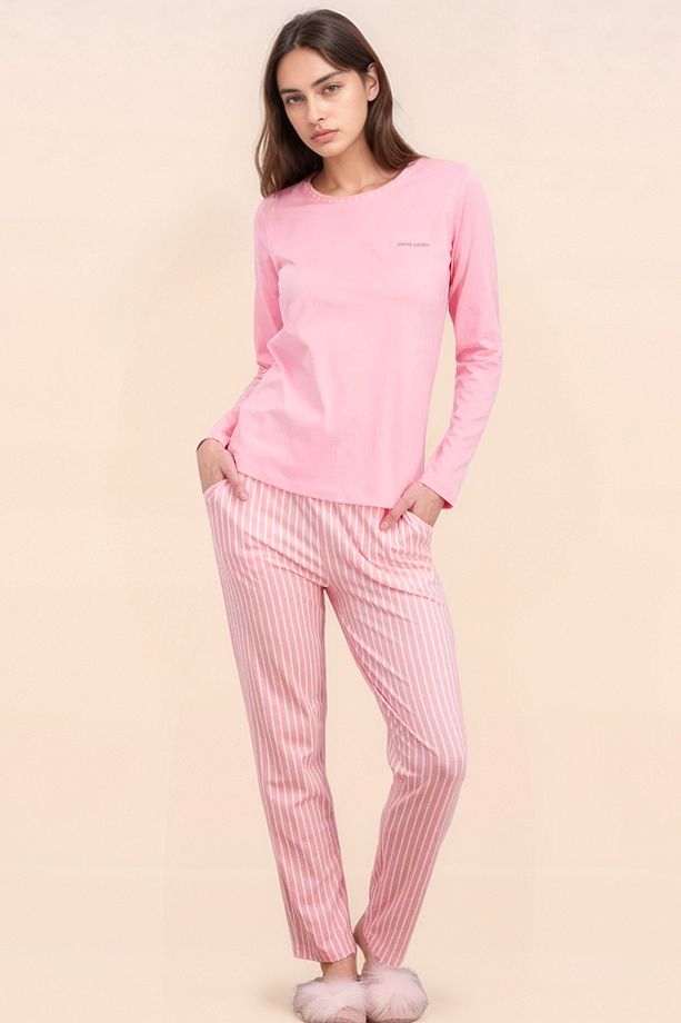 Lisanslı Yumuşak Doku Uzun Kollu Çizgili Kadın Pijama Takımı - 3