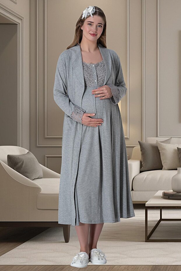 Mecit 6007 Gray Maternity Nightgown Set with Dressing Gown