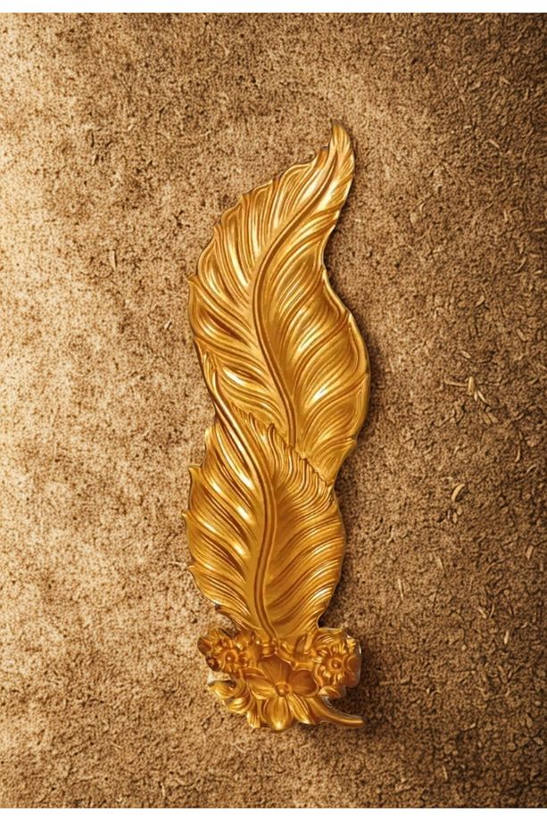 Led Aydınlatmalı Tüy Aplik, Güllü Yaprak Aplik, Gold-Altın Renkli 85cm Dev Boy Tüy Aplik - 3